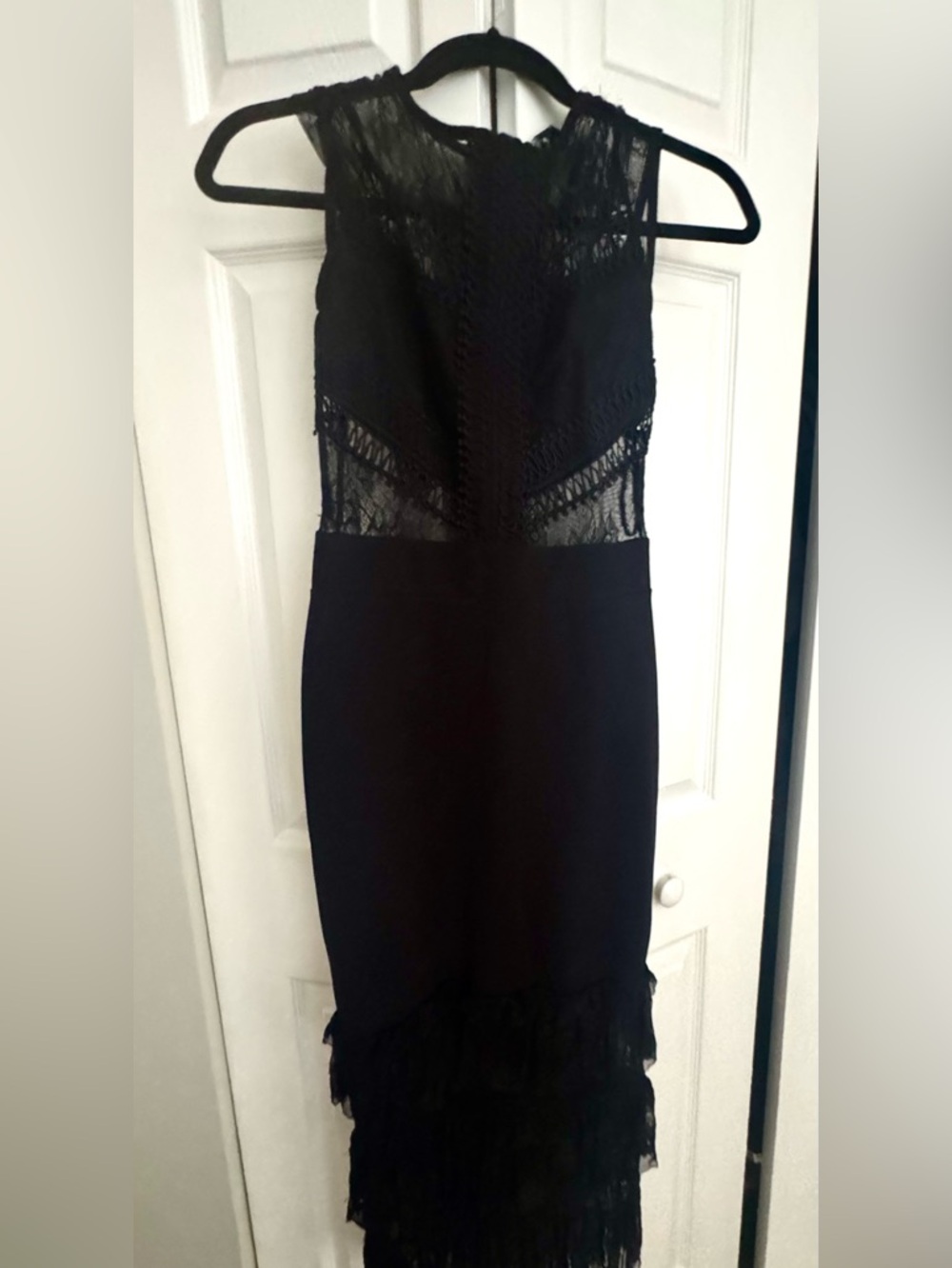 NWT Bebe Black Lace Panel Midi Dress with Fringe Hem